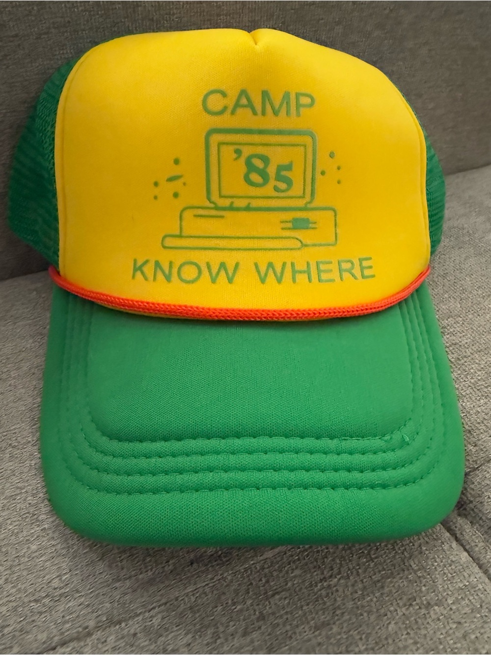 Camp '85 Know Where Yellow and Green Trucker Hat Stranger Things
